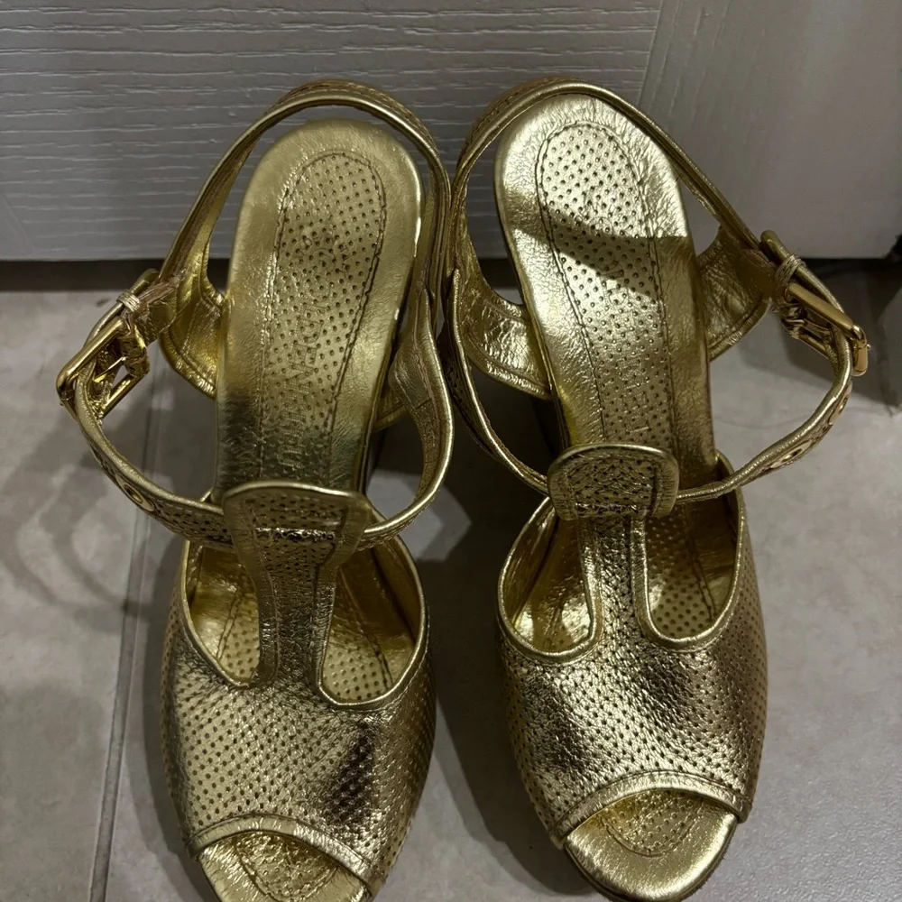 Goldenbleu Perforated Gold Mesh Platform Sandals